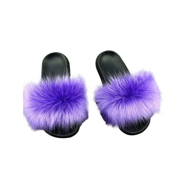 Details about   Women's Fur Slides Fuzzy Furry Slippers Rainbow Slip On Sandals Flip Flop Shoes 